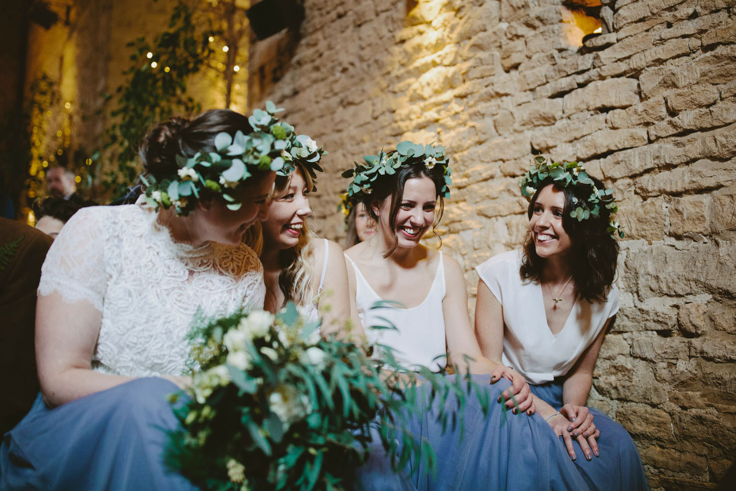 bridesmaids with floral headbands at a Cripps barn wedding