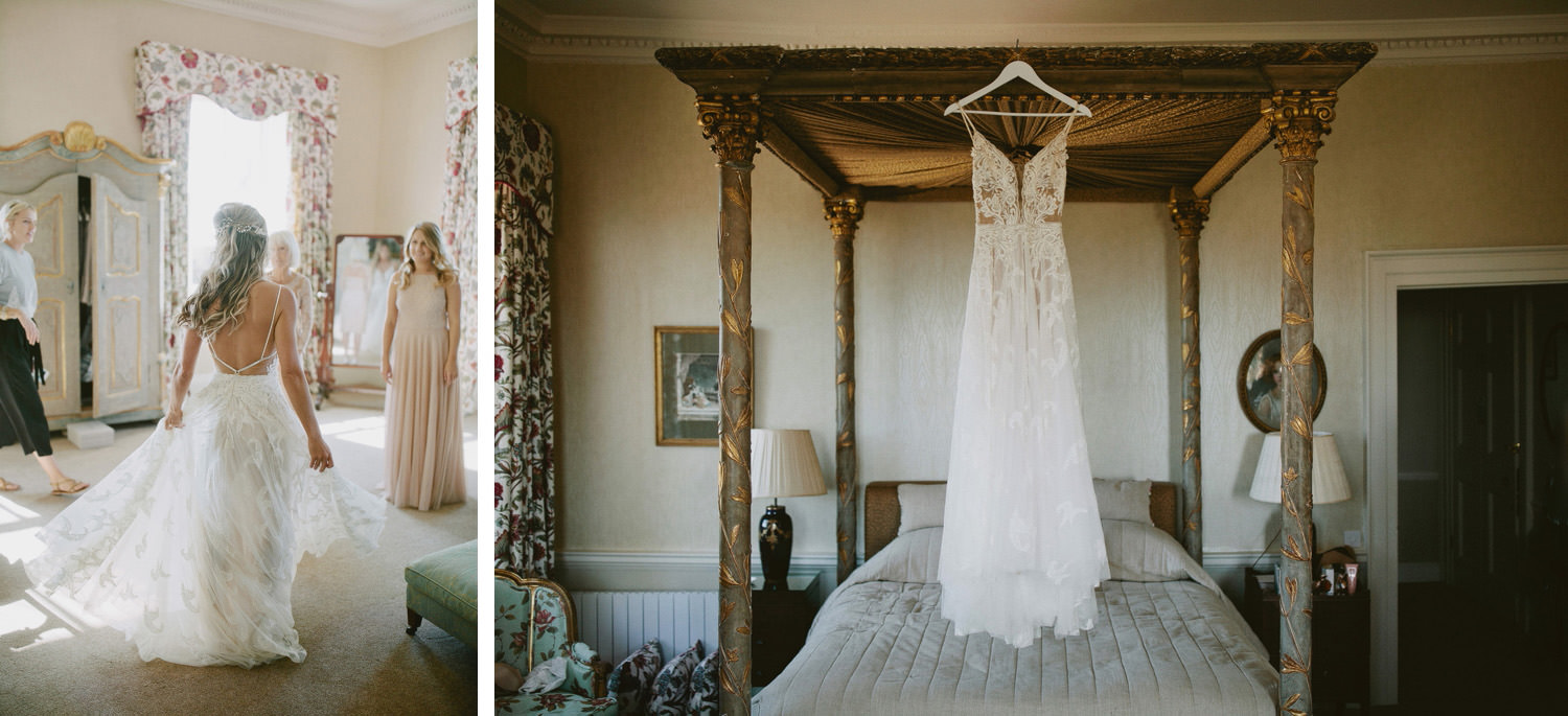 bride tries on her Liz Martines dress