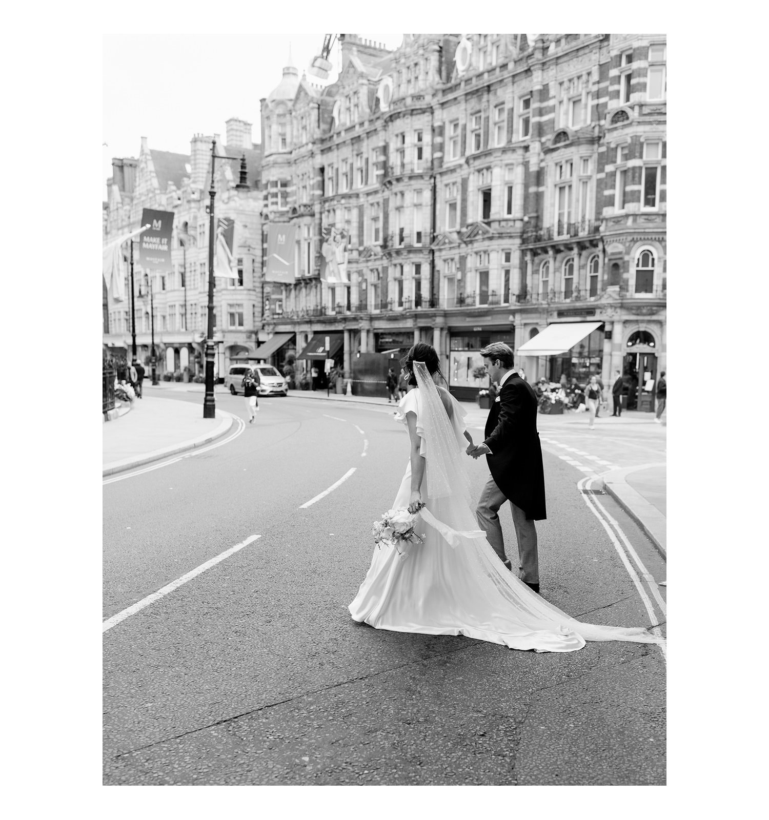 Bride and Groom crossing road